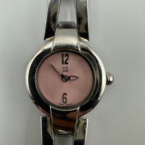 ESQ Swiss Watch Women Silver Tone Pink Dial 22MM Round New Battery 7.25 Inch